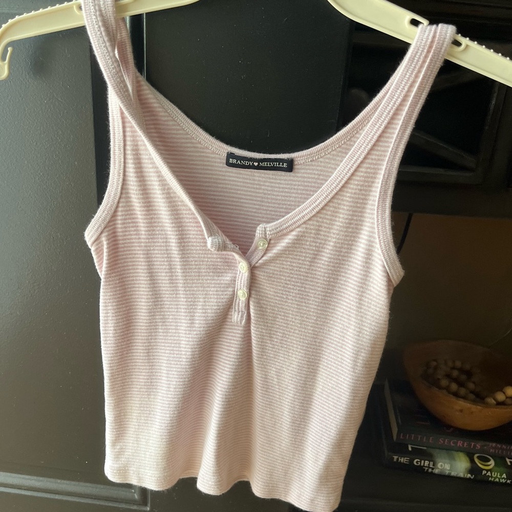 Brandy Melville ribbed pink/white strip 3 button cotton tank, size small